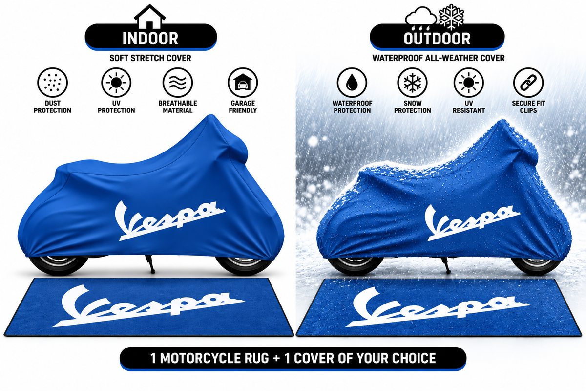 Vespa Motorcycle Cover & Garage Rug Bundle – Custom Fit Indoor or Waterproof Outdoor Cover