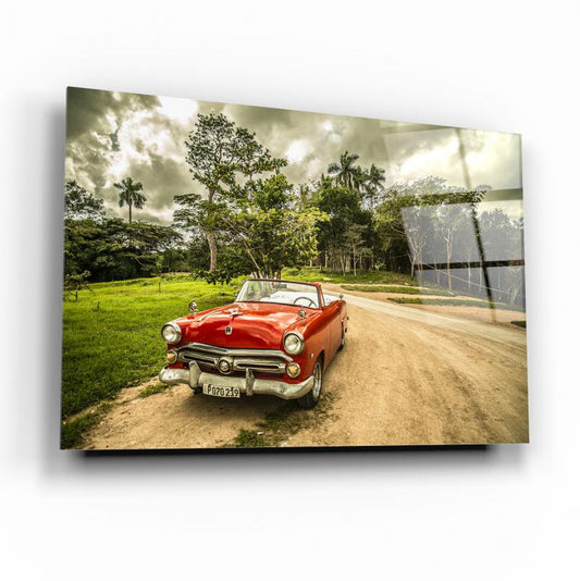 Red Vintage Convertible Glass Wall Art – Classic Retro Car Tempered Glass Picture for Home & Garage Décor