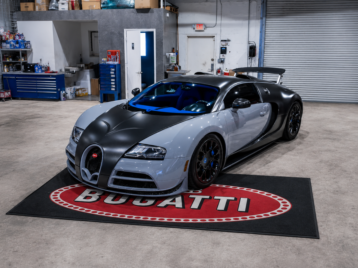 Bugatti Garage Floor Mat 5x7 FT (60x87 Inches) Premium Showroom Rug & Wall Decor
