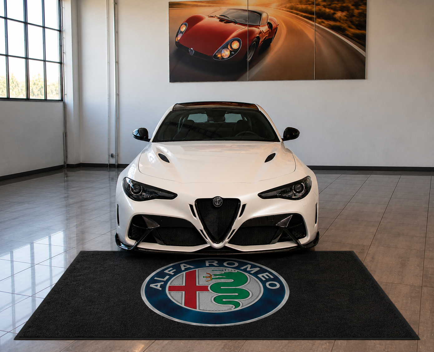Alfa Romeo Garage Floor Mat 5x7 FT (60x87 Inches) Premium Showroom Rug & Wall Decor Luxury Racing Style
