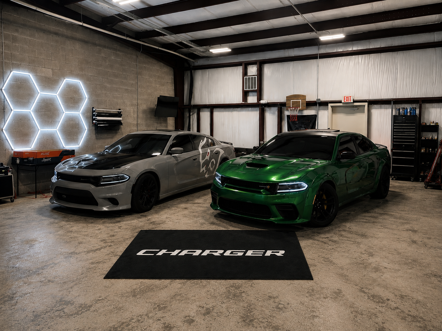 Charger Garage Floor Mat 5x7 FT (60x87 Inches) Premium Showroom Rug Wall Decor