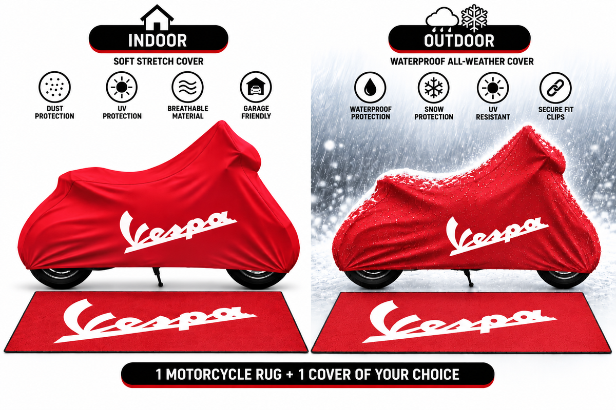Vespa Motorcycle Cover & Garage Rug Bundle – Custom Fit Indoor or Waterproof Outdoor Cover