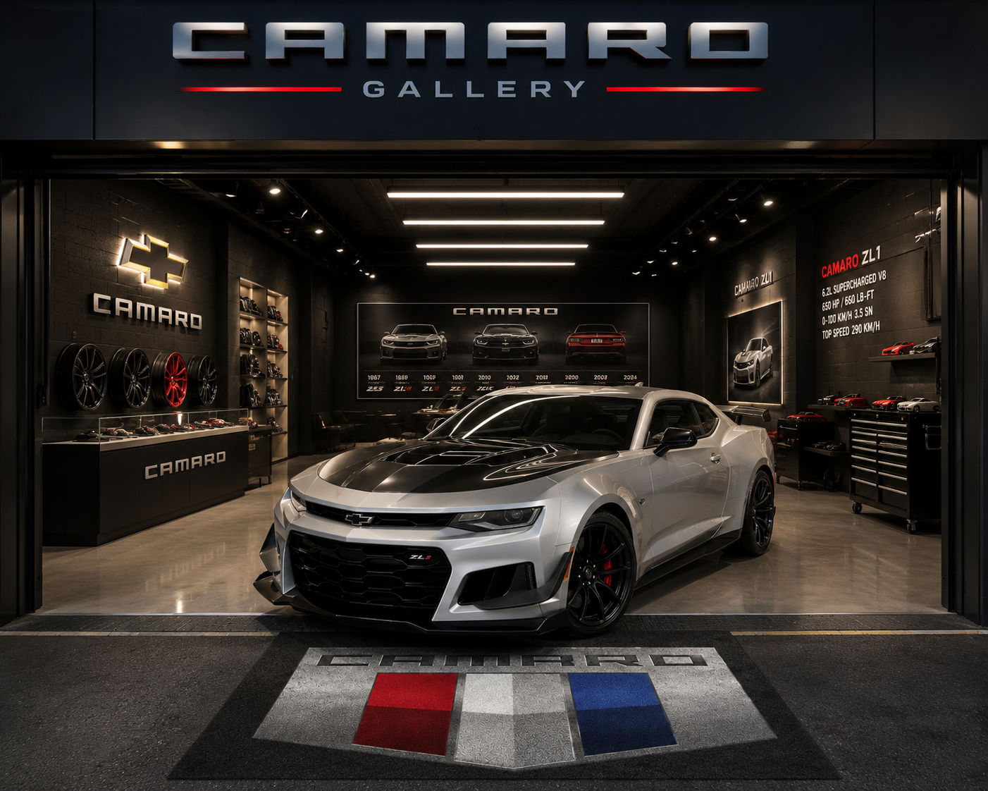 Camaro Garage Floor Mat 5x7 FT (60x87 Inches) Premium Showroom Rug & Wall Decor