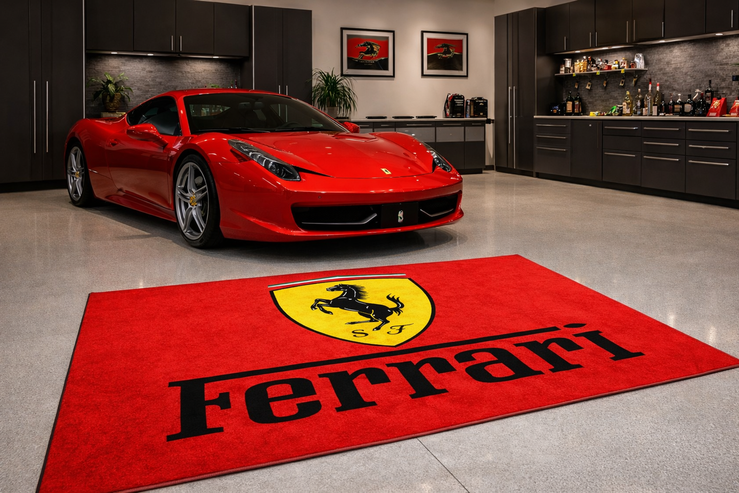 Ferrari Garage Floor Mat 5x7 FT (60x87 Inches) Premium Showroom Rug & Wall Decor Luxury Racing Style