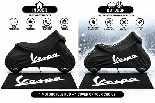Vespa Motorcycle Cover & Garage Rug Bundle – Custom Fit Indoor or Waterproof Outdoor Cover